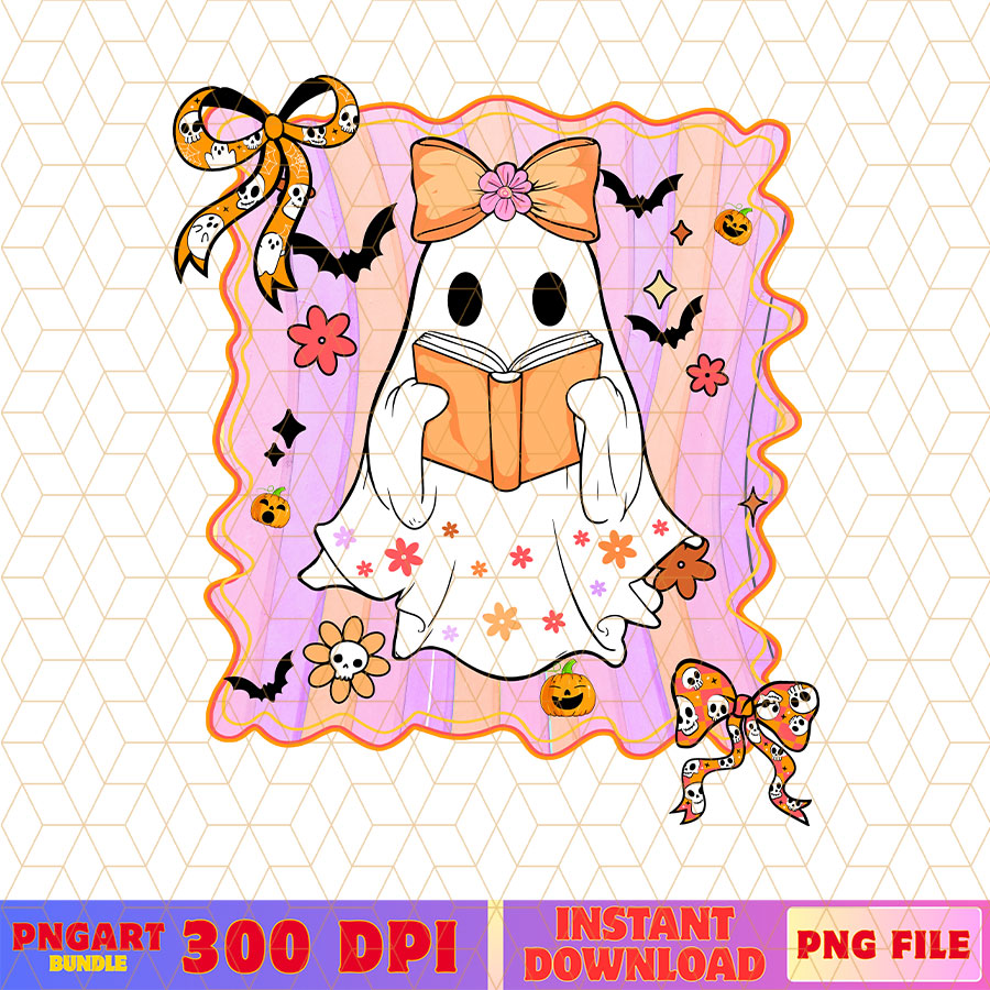 Halloween ghost reading book Png Ghost Pumpkin And Bow Png