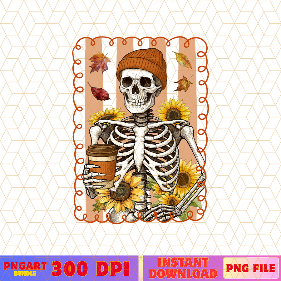 Skeleton Fall Season Frame Style Png Coffee Lover Png