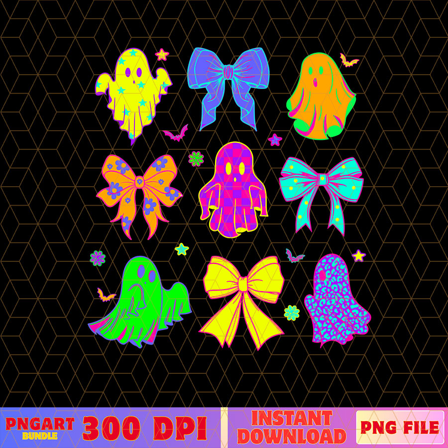 Colorful Neon Ghost Bow Halloween Png Spooky Season Png