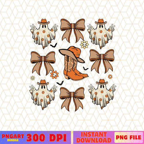 Coquette Western Halloween Png Ghost and Cowboy Boots Png