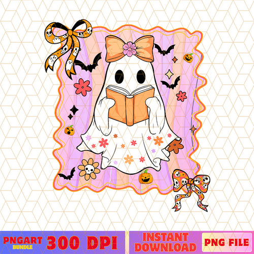 Halloween ghost reading book Png Ghost Pumpkin And Bow Png