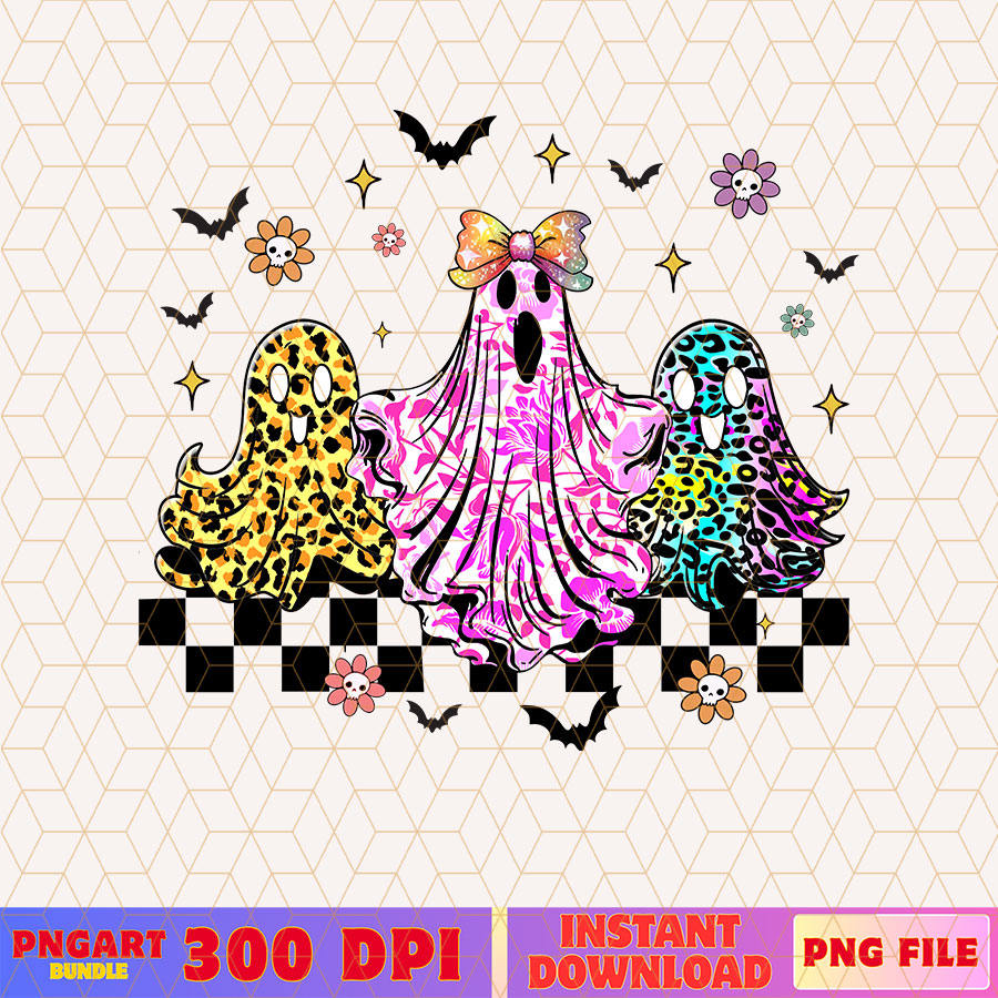 Leopard Ghost Trio Halloween Png Retro Checkered Ghosts Png