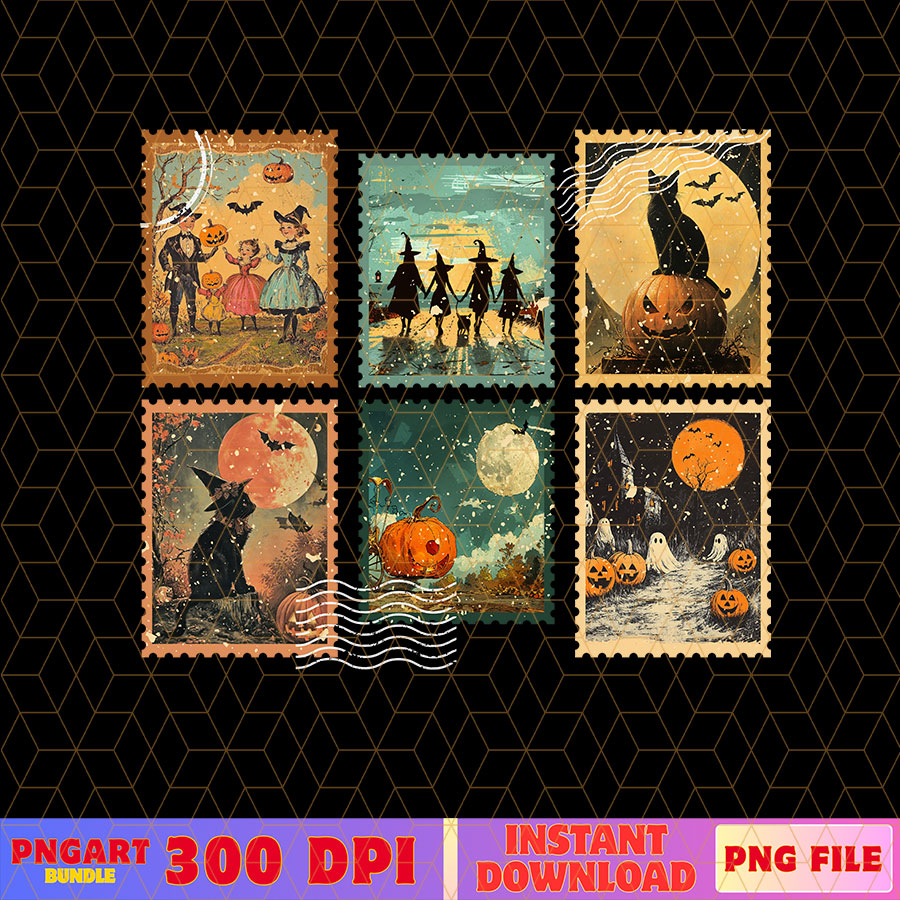 Retro Stamp Spooky Cat Halloween Png Pumpkin Halloween Png