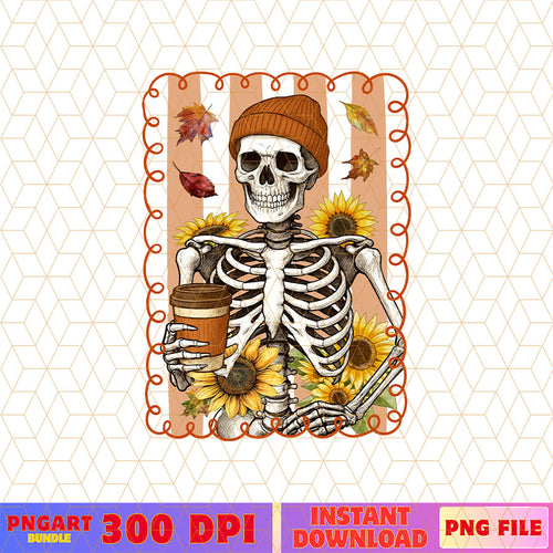 Skeleton Fall Season Frame Style Png Coffee Lover Png