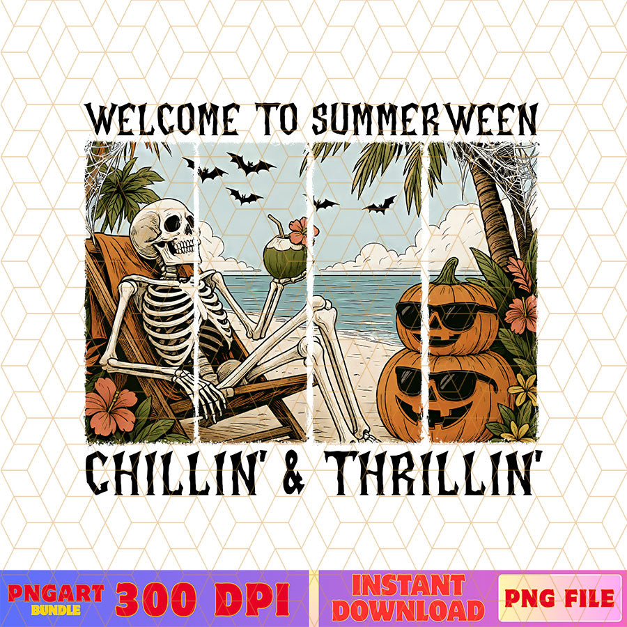 Welcome To Summerween Png Funny Skeleton with Pumpkin Png